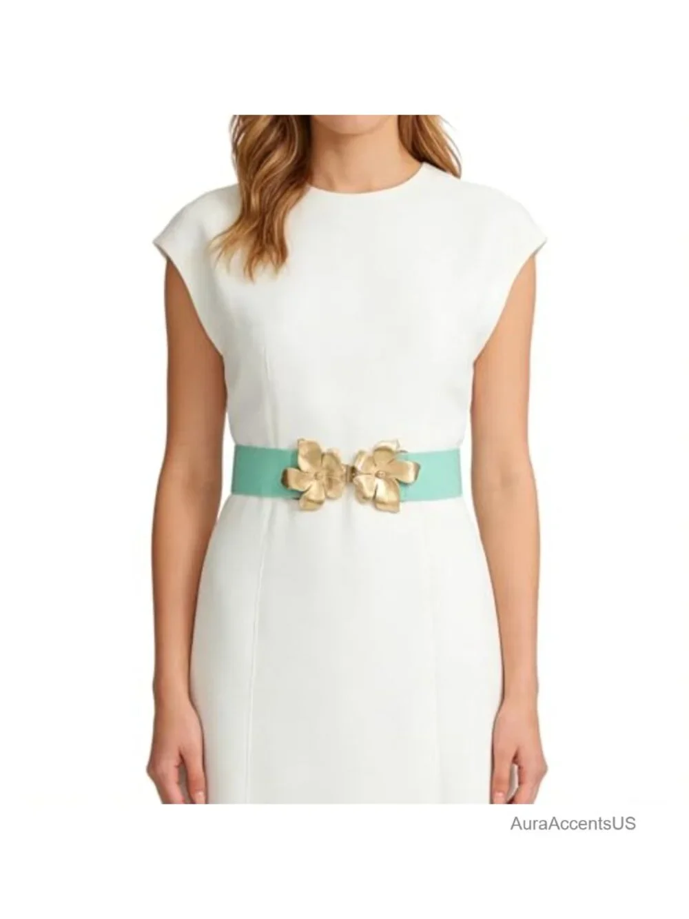 Stretch Elastic Waist Belt with Flower Buckle for Dresses